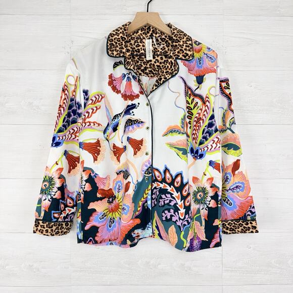 Anthropologie X Sarah Gordon Flannel Pajama Top Size Small Floral Humming Bird - Picture 15 of 16